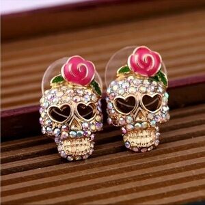Aurora Borealis Crystal Skull Stud Earrings Red Rose Day of the Dead NWT